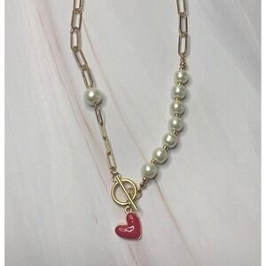 Pearl Heart Pendant Necklace Gold Chain Toggle Clasp Fashion Jewelry